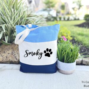 Custom Dog Tote Bag Personalized Dog Mom Gift Dog Toys Totes Pet Gift Custom Pet Bag Gift For Dog Mom Dog Lover Bag (15″L x 15″H x 3″D, Tri-Color Blue)