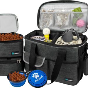 PetAmi Dog Travel Bag, Travel Pet Bag Organizer, Dog Food Travel Bag with Food Container and Bowls, Dog Travel Supplies Gift Accessories for Weekend Camping, Dog Cat Diaper Bag (Charcoal, Medium)