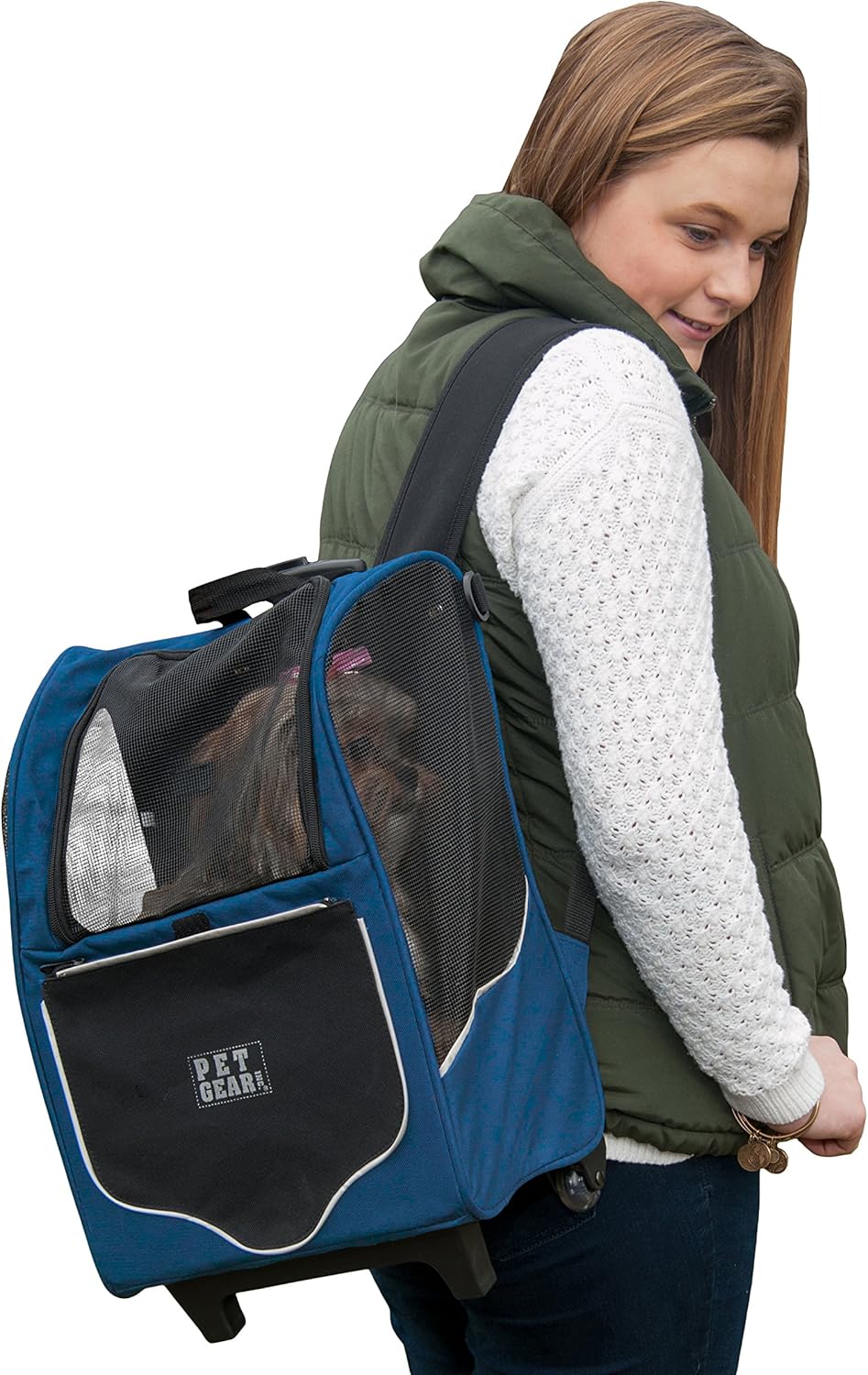 Pet Gear I-GO2 Sport Roller Backpack, Travel Carrier, Car Seat for Cats/Dogs, Mesh Ventilation, Included Tether, Telescoping Handle, Storage Pouch, Navy - Image 3