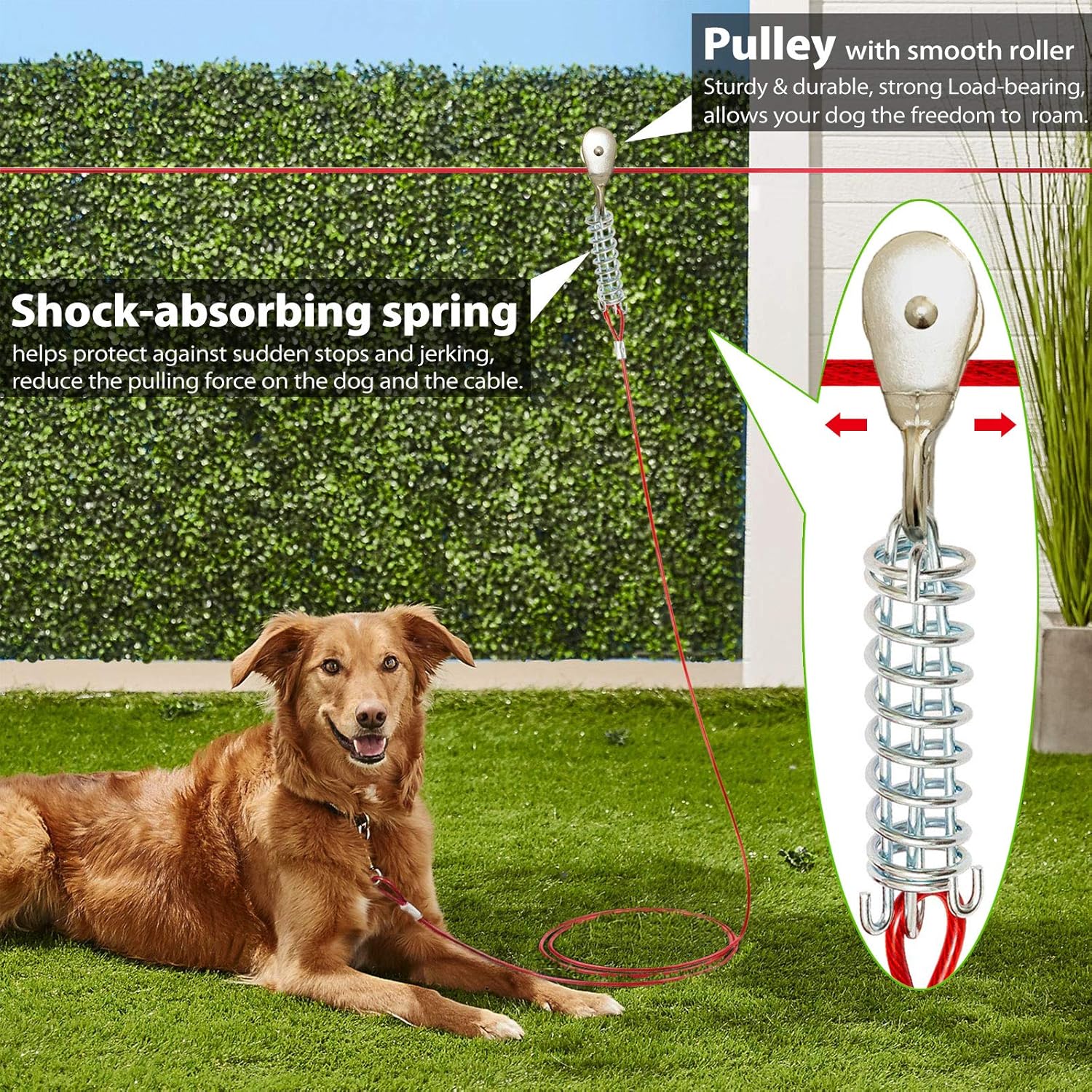 Heavy Duty Aerial Dog Tie Out Trolley System for Small to Large Dogs - 100ft Run Cable Zipline with 10ft Runner Cable Great for Yard Camping Outdoor (Red, 100 ft for one Dog up to 200 lbs) - Image 3