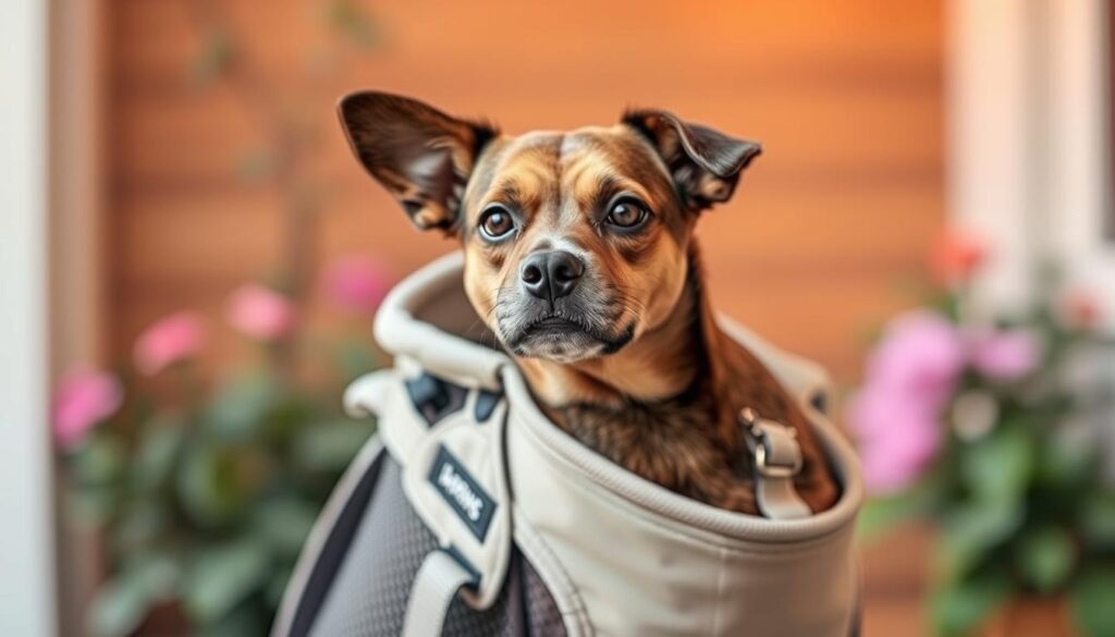 dog in backpack carrier