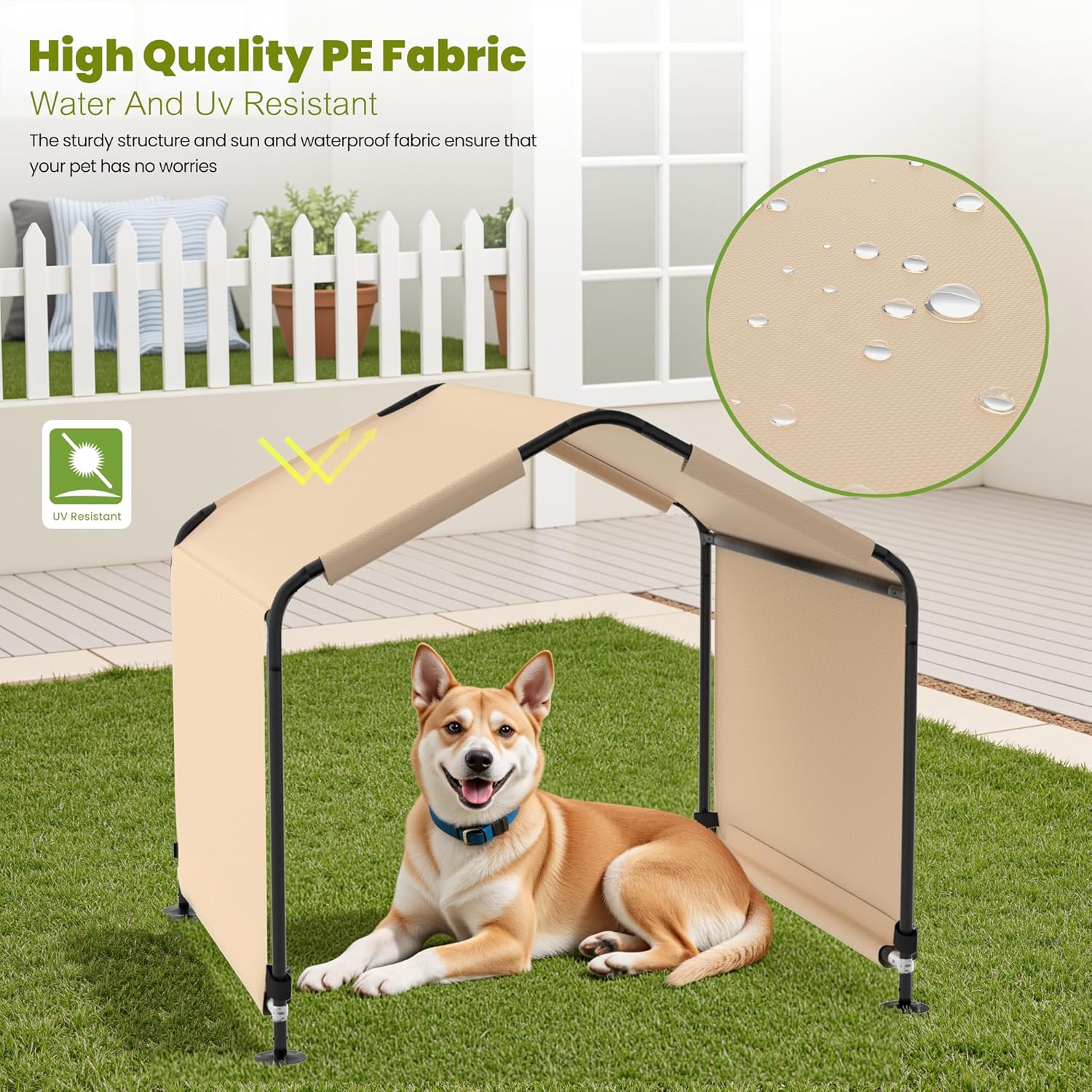 Dog Shade Shelter, Outdoor Dog Tent for Large Medium Dogs Waterproof & Anti-UV Dog Awing Breathable Pet Canopy Tent Indoor Pet House for Dogs Cats Small Animals Livestock (Khaki, 51“ x 46" x 40") - Image 3