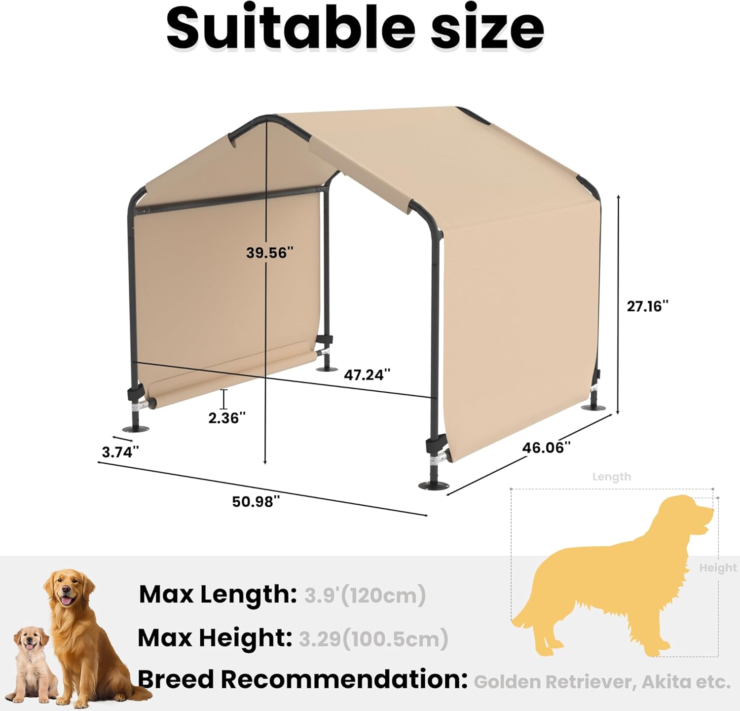 Dog Shade Shelter, Outdoor Dog Tent for Large Medium Dogs Waterproof & Anti-UV Dog Awing Breathable Pet Canopy Tent Indoor Pet House for Dogs Cats Small Animals Livestock (Khaki, 51“ x 46" x 40") - Image 5