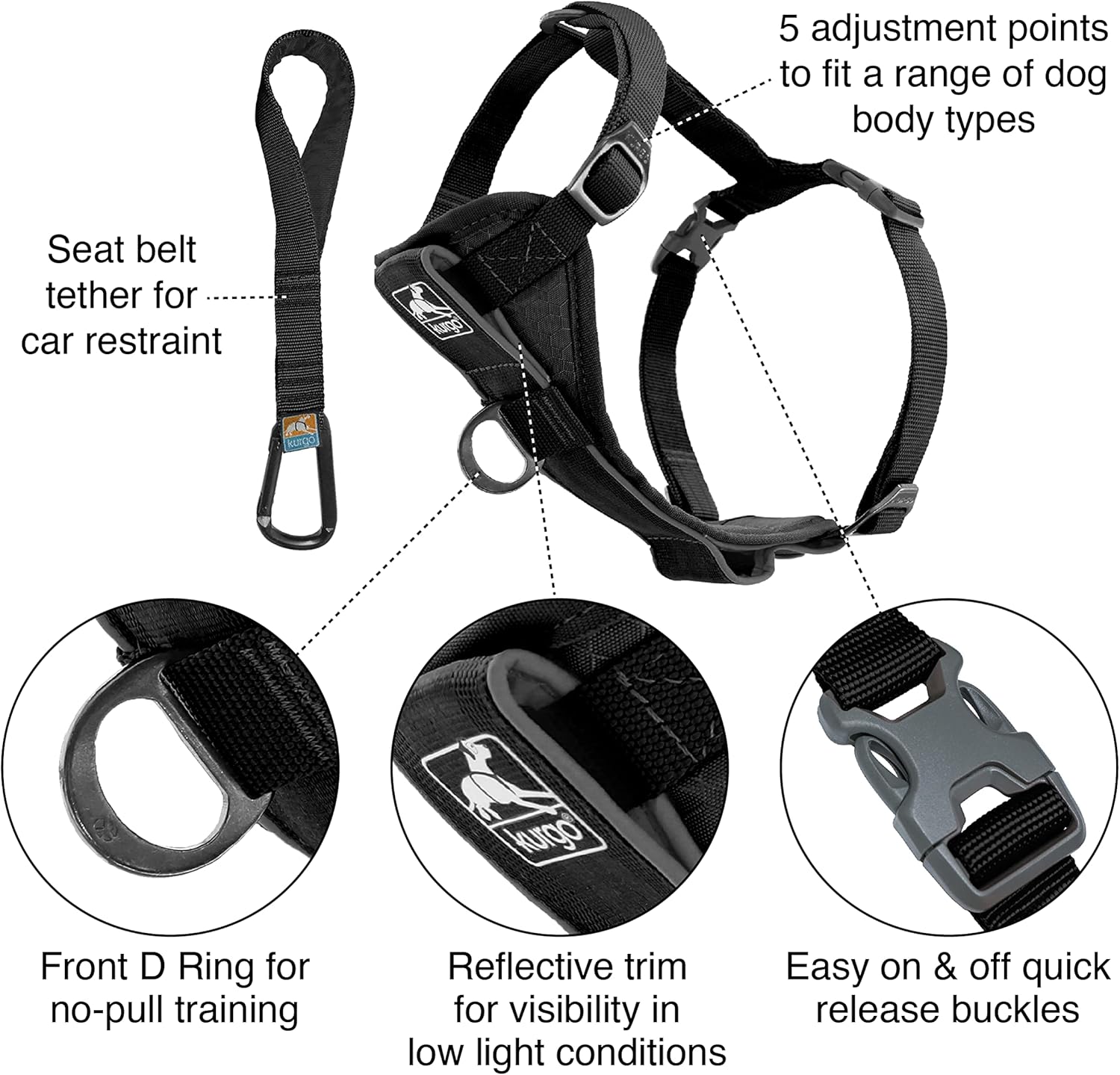 Kurgo Tru-Fit Smart Harness, Dog Harness, Pet Walking Harness, Quick Release Buckles, Front D-Ring for No Pull Training, Includes Dog Seat Belt Tether (Black, X-Small) - Image 2