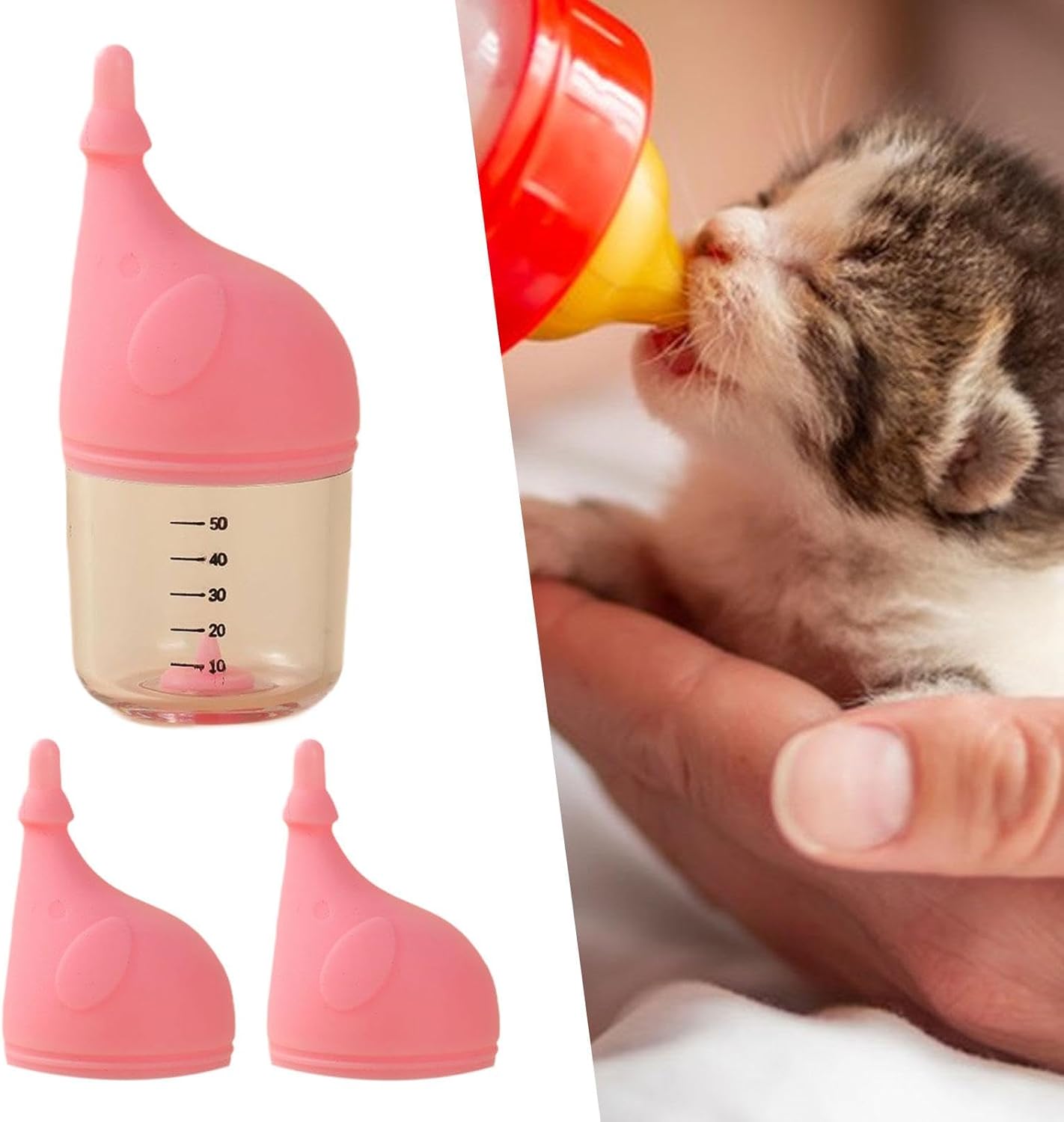 Kitten Bottle Feeding Kit Replaceable Nipples Kitten Milk Bottle for Newborn Pet, Pink - Image 2