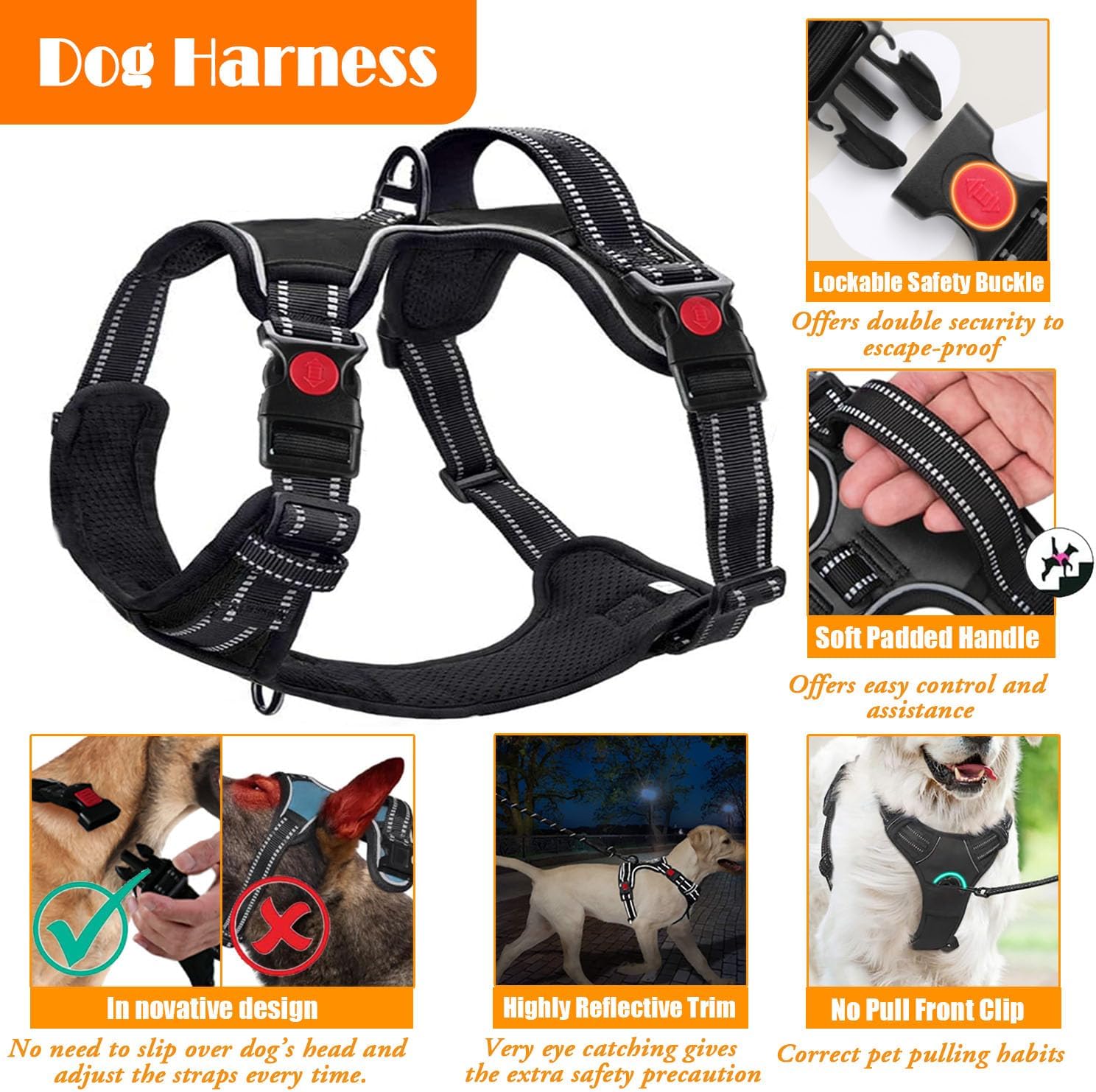 No Pull Dog Harness, Collar & Leash Set | Includes Dog Seat Belt, Collapsible Bowls & Poop Bag Dispenser. Ideal for Training, Walking, Hiking. Fits Small to Large Dogs(Orange-M) - Image 3