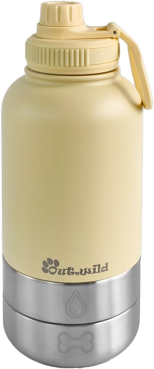 OUT 'N WILD Portable Dog Insulated Water Bottle & Bowls - All-in-One Travel Accessories Pet Food & Liquids for Car, Hiking, Camping - Leak-Proof, Double Walled - 32 oz, 2 Dog Bowls, Beige