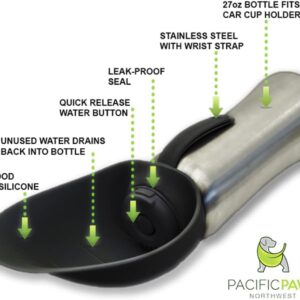 Portable Dog Water Dispenser | Stainless Steel Travel Bottle | Silicone Leaf Shaped Bowl | 27oz Black