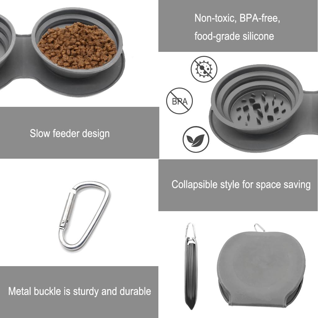 IFOYO Collapsible Dog Bowls, 2 in 1 Upgrade Foldable Expandable Travel Pet Food Feeding Dog/Cat Bowl with No Spill Non-Skid Silicone Mat and Carabiner Clip for Traveling, Hiking, Camping, Gray - Image 3