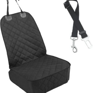 Dog Car Front Seat Cover with Side Flaps, Waterproof & Scratch Proof Car Seat Protector for Dog, Nonslip Pet Car Seat Pad with Safety Belt, Fit for Most Cars SUVs Trucks Jeeps (Black)