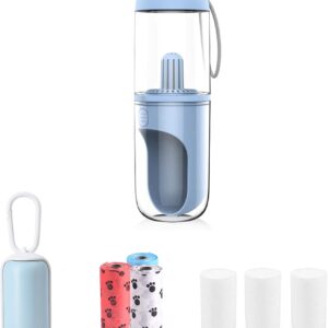 Portable Dog Pet Travel Water Bottle Leak-Proof Drinking Cat Cup with 3PCS PP Conton Filter & Pet Dog Poop Bag Dispenser with 3 Rolls Waste Bags for Pets Outdoor Walking Hiking Travel (Blue)