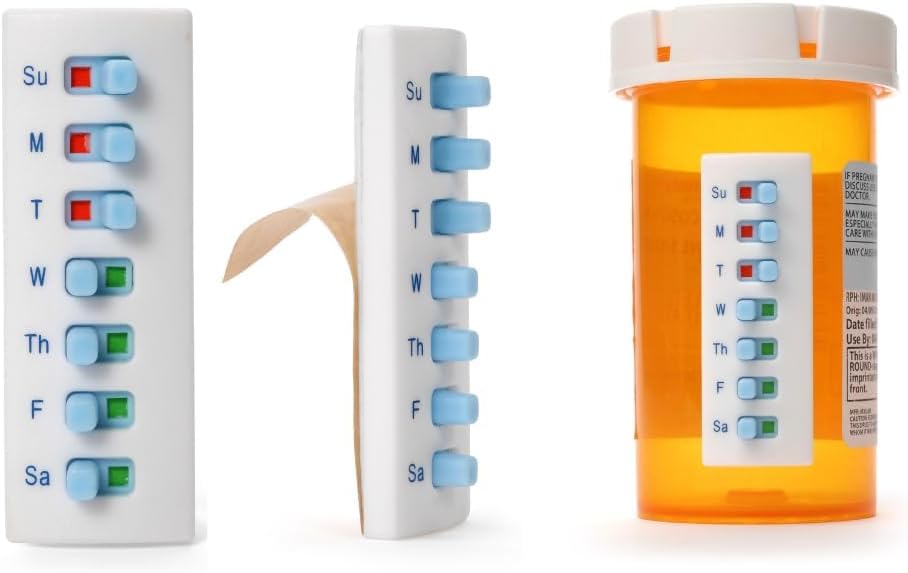 Take‑n‑Slide Peel and Stick Reusable for 12 + Refills, Pill/Medication/Vitamin/Pet Med Tracker & Reminder, Attach to Your Bottle, Organizer-Free, Curved‑Back (White, 5-Pack) - Image 2