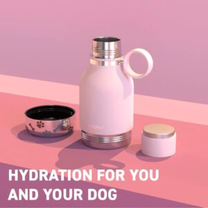 Asobu Buddy Bottle a Stainless Steel Insulated Water Bottle for with Removable Dog Water Bowl and Dog Food and Treat Storage Bowl (Pink, 38 oz Water Bottle with Bowl)