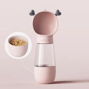 Generic 2-1 Portable Dog Water Bottle with Food Bowl, Small Pet Food Container with Leak-Proof Lid, Suitable for Dogs and Cats (350ml +200ml) Dog Dispenser for Hike & Travel, Pink Bear