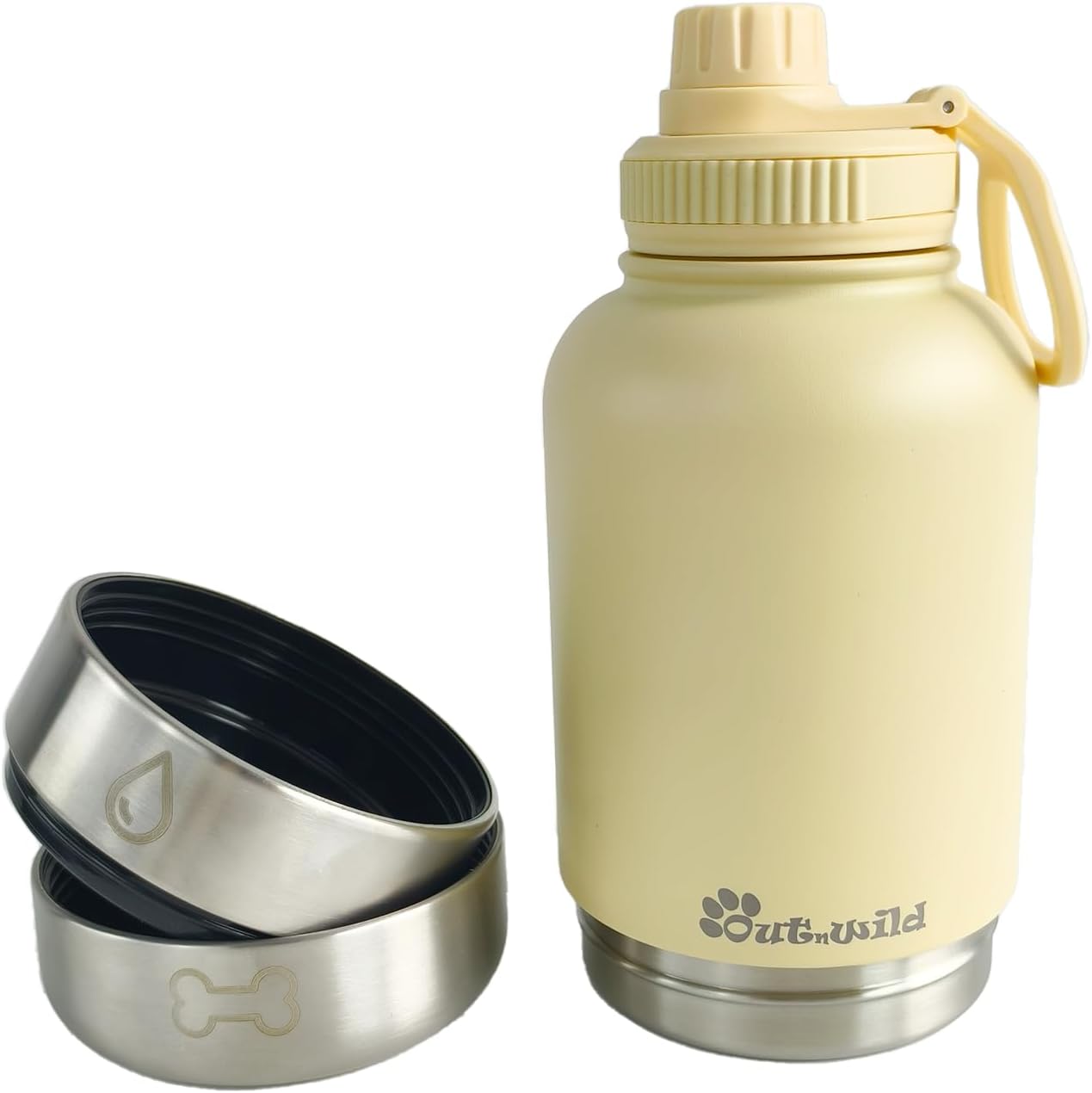 OUT 'N WILD Portable Dog Insulated Water Bottle & Bowls - All-in-One Travel Accessories Pet Food & Liquids for Car, Hiking, Camping - Leak-Proof, Double Walled - 32 oz, 2 Dog Bowls, Beige - Image 4
