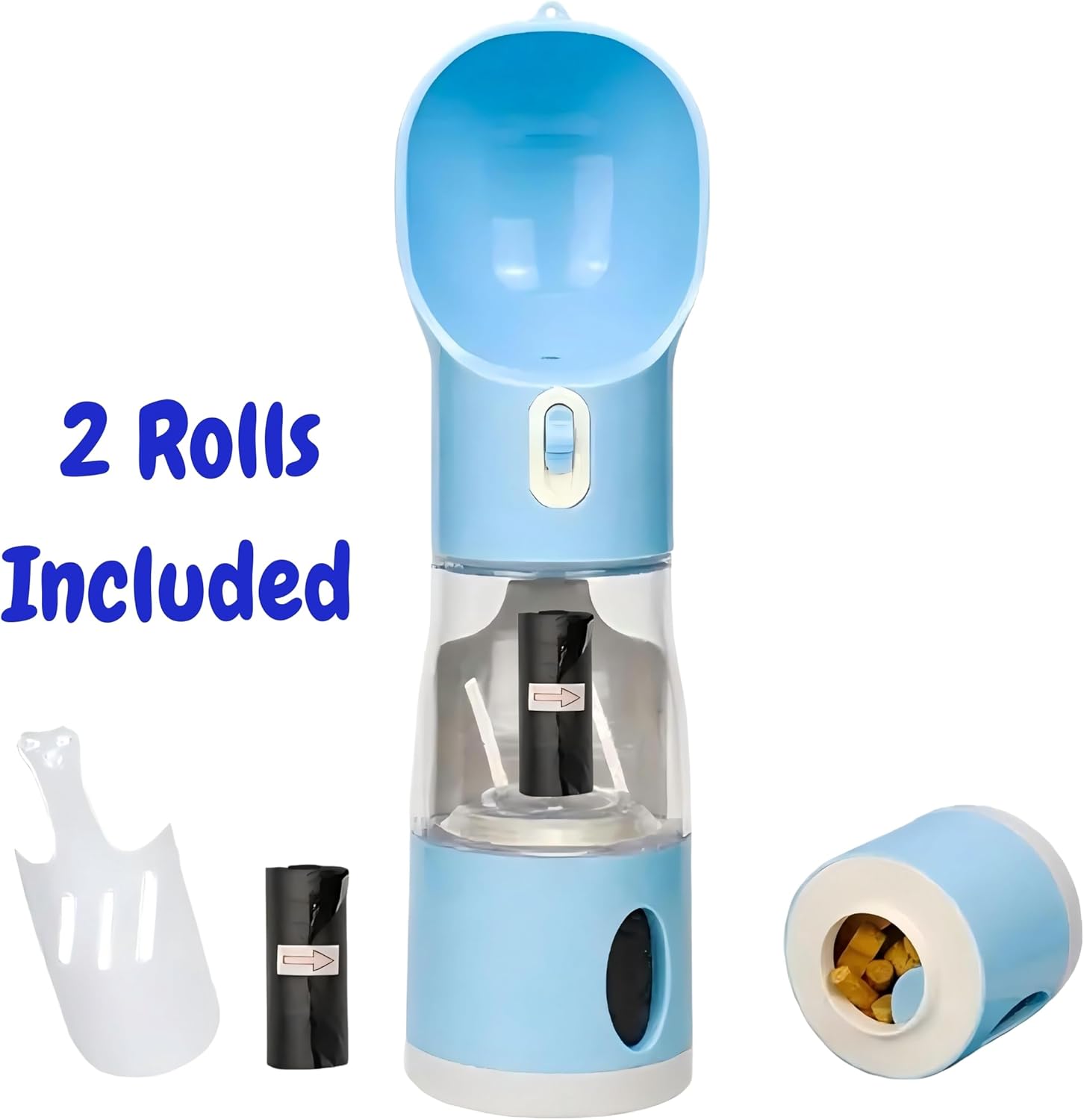 All-in-One Portable Dog Water Bottle, Food Dispenser, Poop Bag Dispenser, Dry/Wet Food Container 7 oz., Travel Water Bottle 9oz., 2 Poop Bags Included, Food Grade Plastic, Leak Proof-Blue Color - Image 5