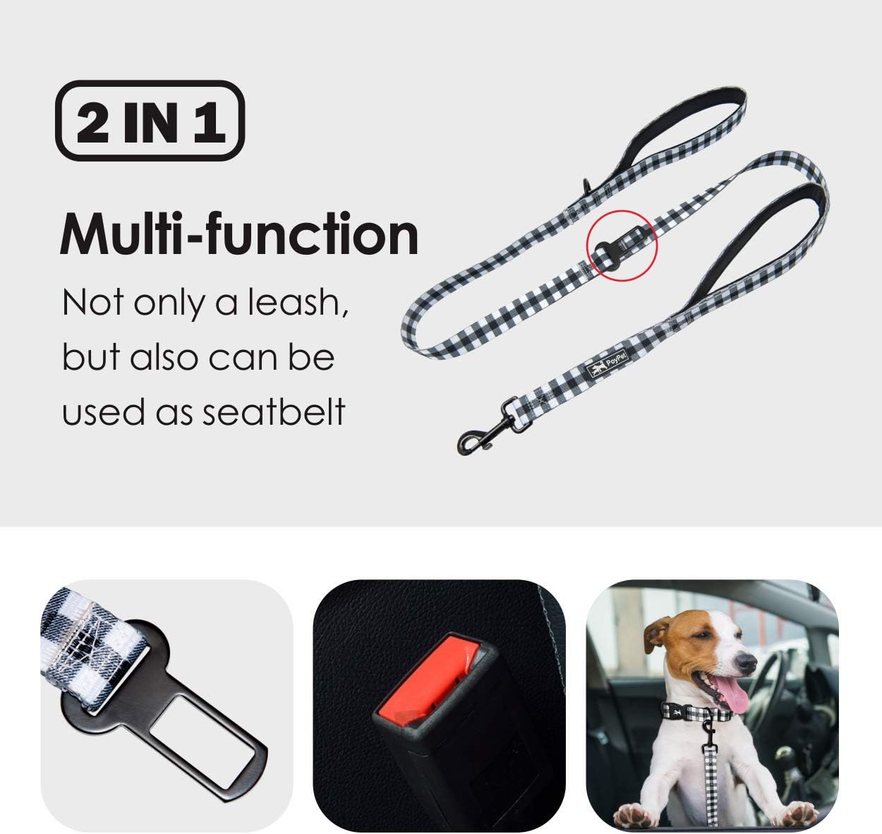 PoyPet 5 Feet Dog Leash - 2 Cushioned Handles - Functional Car Seat Belt (Grid, L) - Image 2