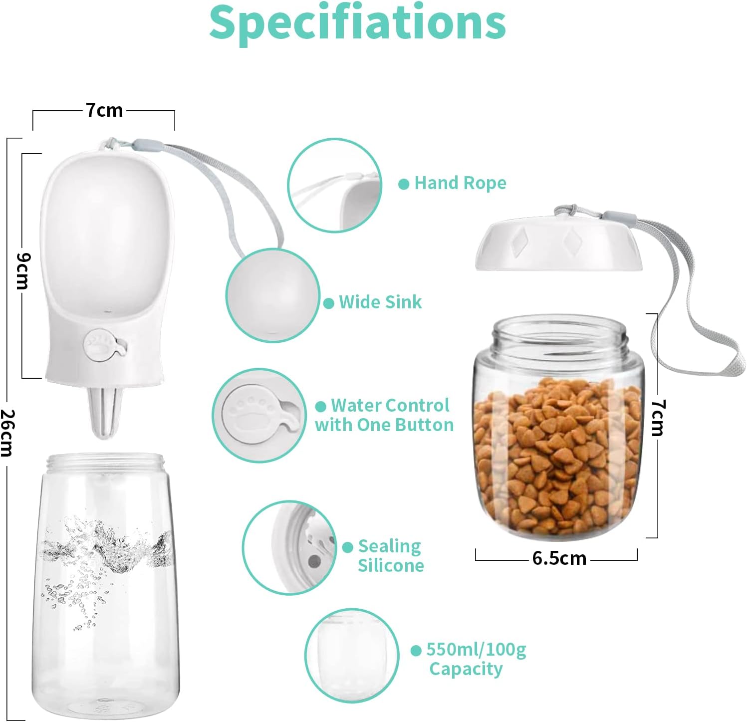 Portable Dog Water Bottle - Leak Proof Dog Water Bottle with Food Container, Travel Water Dispenser 19oz+6oz for Pets, for Walking, Hiking, and Outdoor Use - White - Image 2