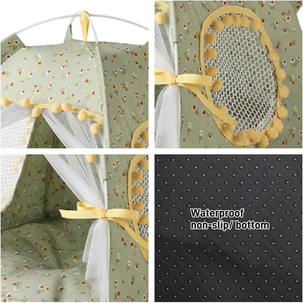 Cat Bed Tents Dog House Indoor Outdoor Lace Mesh Breathable Windows Door Curtains Removable Portable Nest Teepe House (Small,Green&Yellow) - Image 3