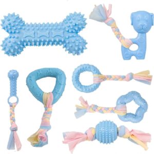 Dog Chew Toys, 7pcs Dog Puppies Teething Chewing Toy Set with Ball and Colorful Ropes, Interactive Pet Toys for Small and Medium Dogs (Blue)