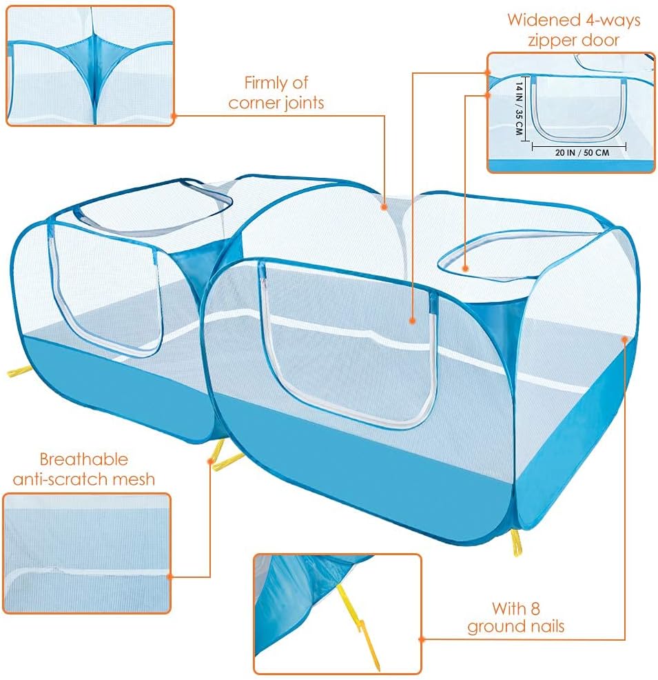 Lukovee Small Animals Playpen, Chicken Pen with Escape-Proof Detachable Bottom & 4 Zipper Doors, Breathable Foldable Portable Large Chicken Run Coop for Puppy Duck Kitten Rabbits Outdoor Yard (Blue) - Image 4