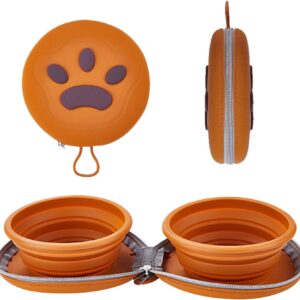 Paw-Shaped Collapsible Silicone Pet Bowl Set - 2-in-1 Portable Food & Water Dish for Travel, Hiking, Camping with Zip-Up Carry Pouch (Brown)
