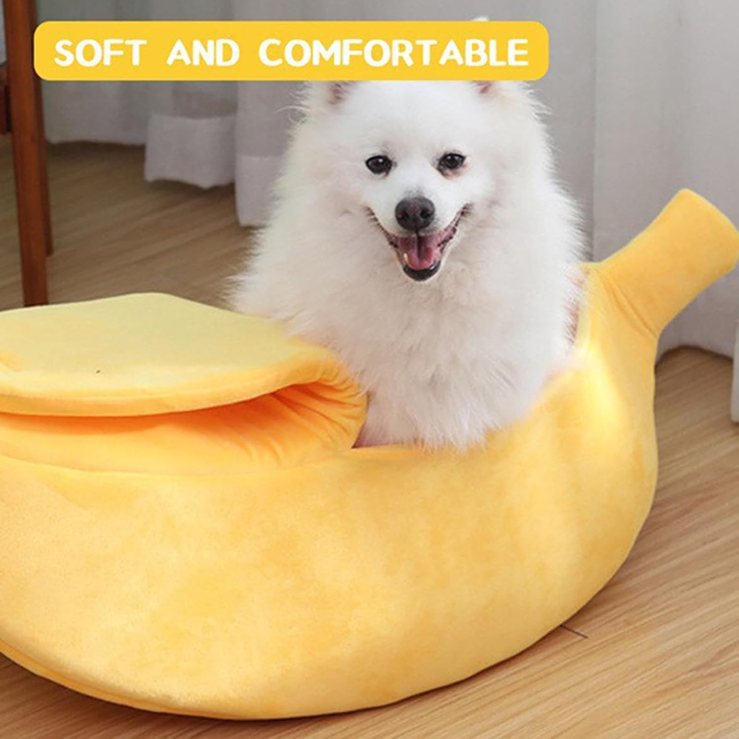 Banana Shaped Pet Bed, Cute Soft Semi-Enclosed Sleeping Bag for Dog Cat, Washable Winter Warm Deep Sleep Pet Kennel, Pets Thickened Cushion House for Kittens Rabbits Sleep (White, L) - Image 4