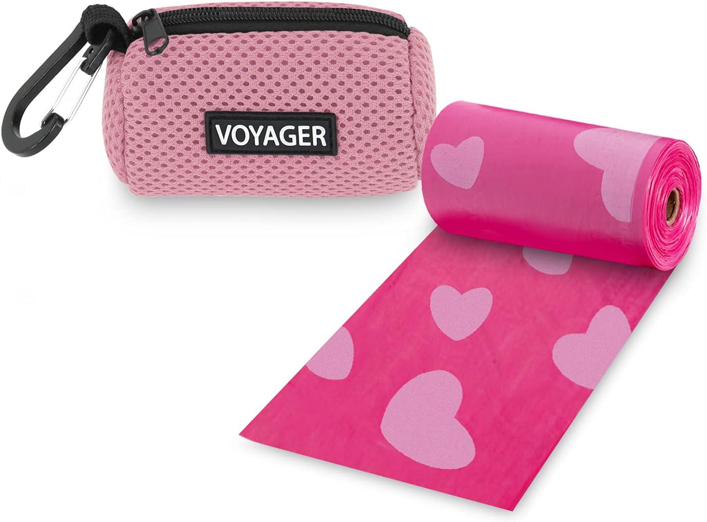 Best Pet Supplies Dog Poop Bag Holder Leash Attachment with 15 Bags, Pink, Reusable Mesh Dispenser Pouch for Travel, Walking, Park, and Outdoor Use, Soft and Durable with Clip-On