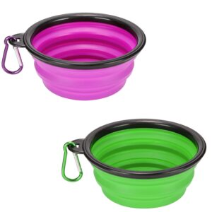 2 Pack Large Size Collapsible Dog Bowl, Food Grade Silicone BPA Free, with Carabiner Clip Foldable Expandable Cup Dish for Pet Cat Food Water Feeding Portable Travel Bowl (Purple & Green)