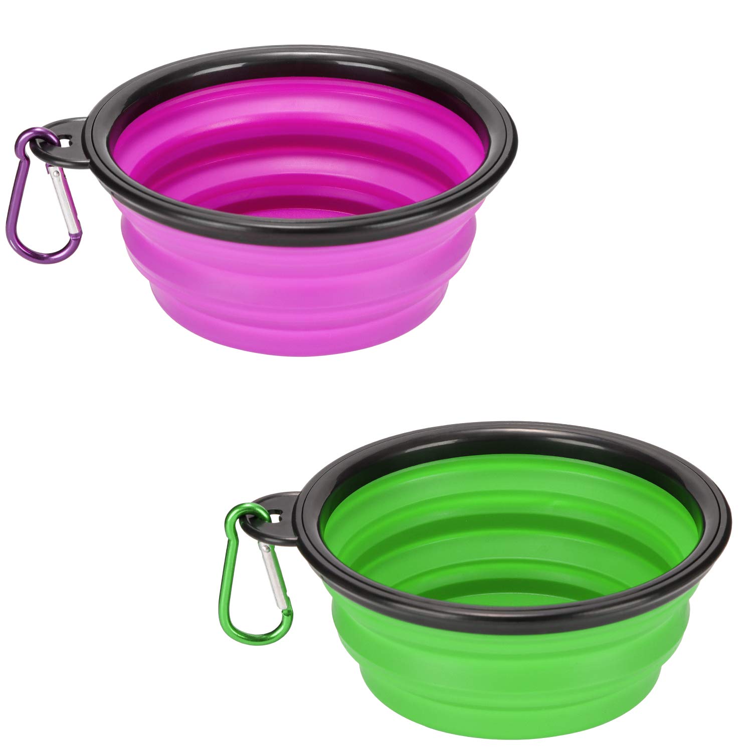 2 Pack Large Size Collapsible Dog Bowl, Food Grade Silicone BPA Free, with Carabiner Clip Foldable Expandable Cup Dish for Pet Cat Food Water Feeding Portable Travel Bowl (Purple & Green)