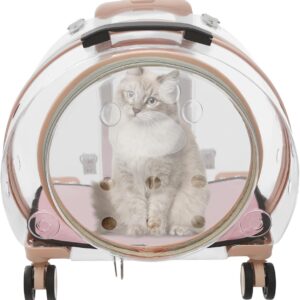 Cat Carrier with Wheels Transparent Hard Cat Carrier with Soft Mat Pet Trolley Case Pet Backpack for Cats Small Dog, 15.7" X 10.6" X 17.7" (Pink)
