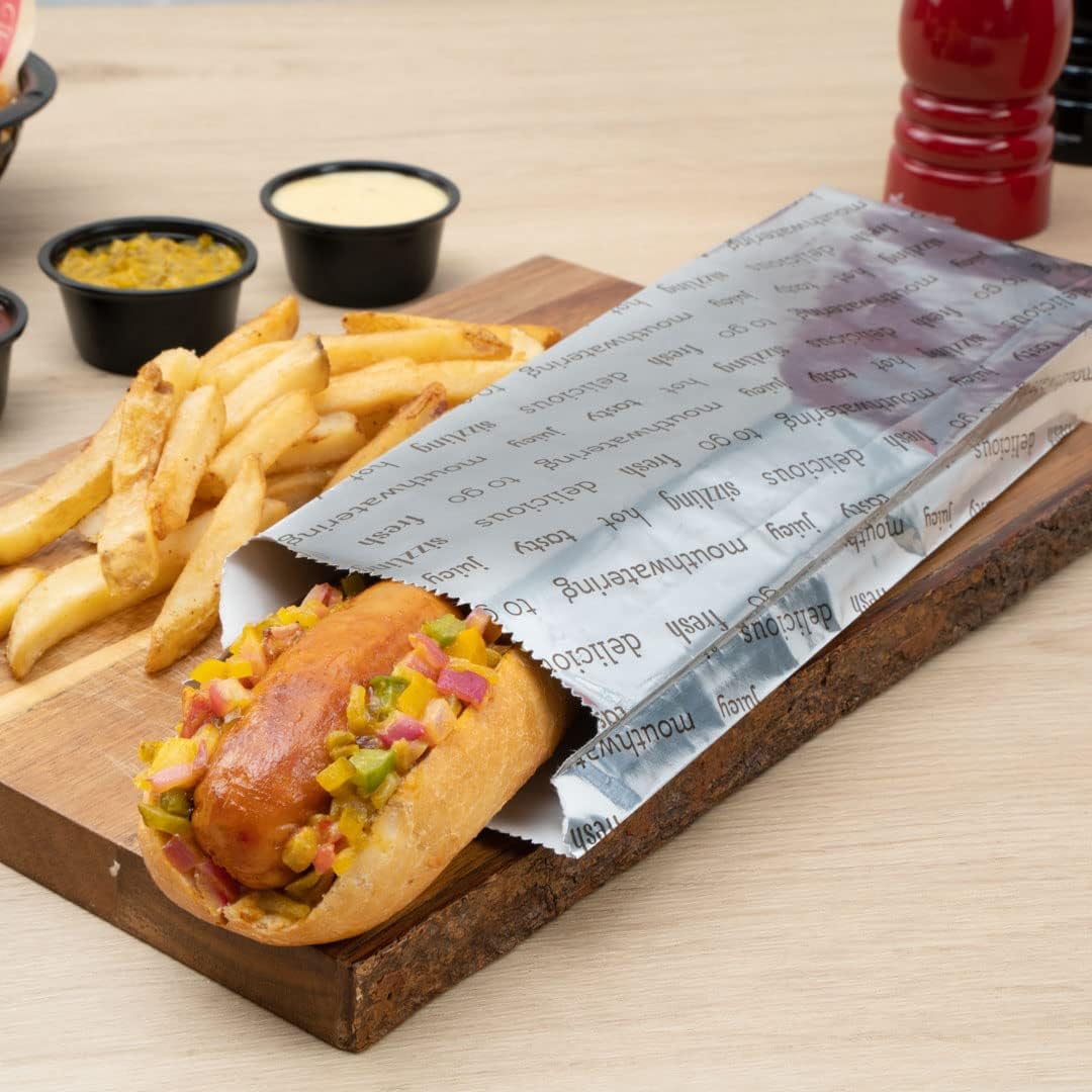 Restaurantware Bag Tek 3.7 x 1.2 x 12 Inch Hot Dog Bags 100 Large Hot Dog Wrappers - Greaseproof Freezer-Safe Printed Foil Hot Dog Cart Accessories Heat-Resistant Non-Vented - Image 9