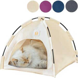 Portable Cat Tent Outdoor/Indoor Decorative Cats Cave Bed All Season Use for Indoor Cats and Small Dogs with Soft Cool Mat Outside Summer Cat House Large 20x20x18 in (Beige)