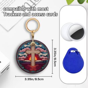 Cross Leather Keychain Holder for GPS Tracker,Sunset Leather Case with Keyrings,Suitable for Luggage,Pet Collar,Backpack,Anti-Lost Design