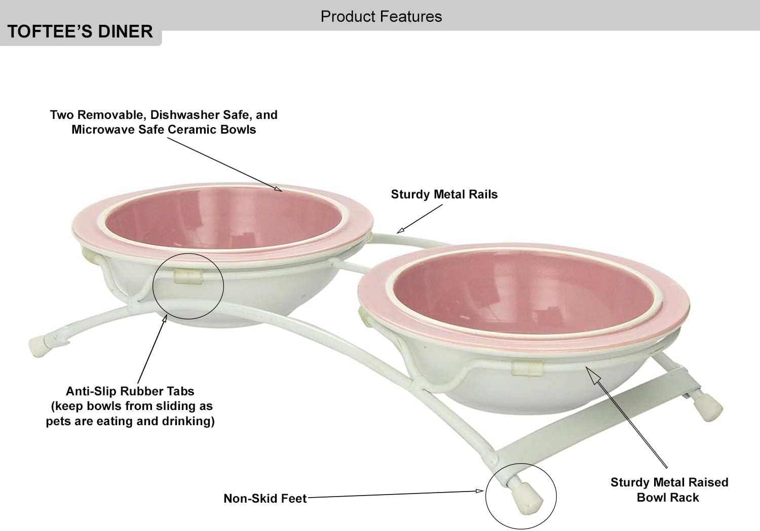 PetRageous 44355 Toftees Paws Diner with Two 1-Cup Dishwasher-Safe Stoneware Bowl Capacity 10.75-Inch Length 2.25-Inch Tall for Extra Small and Small Dogs and Cats, White and Pink - Image 6