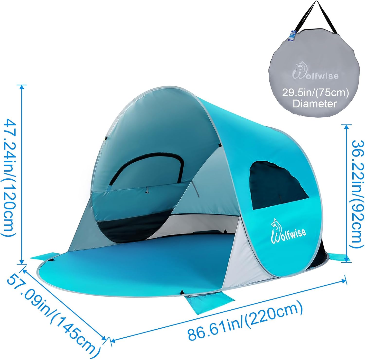 WolfWise UPF 50+ Easy Pop Up 3 Person Beach Tent Sport Umbrella Instant Sun Shelter Tent Sun Shade Canopy - Image 6