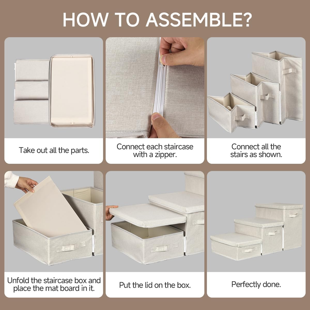 Pet Stairs with Storage, Pet Step for Small Dogs and Cats, 3-Step Folding Pet Steps with Zip, Cat Stairs Dog Steps for Bed, Couch and Car Ramp (Beige, 3 Steps no Condo) - Image 3