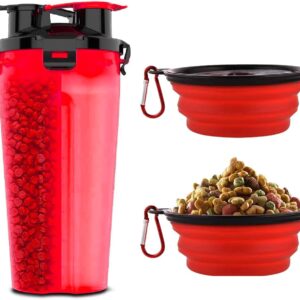 Dog Travel Water Bottle W/Collapsible Bowls - Portable 2 in 1 Leakproof Pet Water Bottle Food Container Ideal for Travel, Outdoor Portable Water Bowls for Walking, Camping & Hiking - (Red)