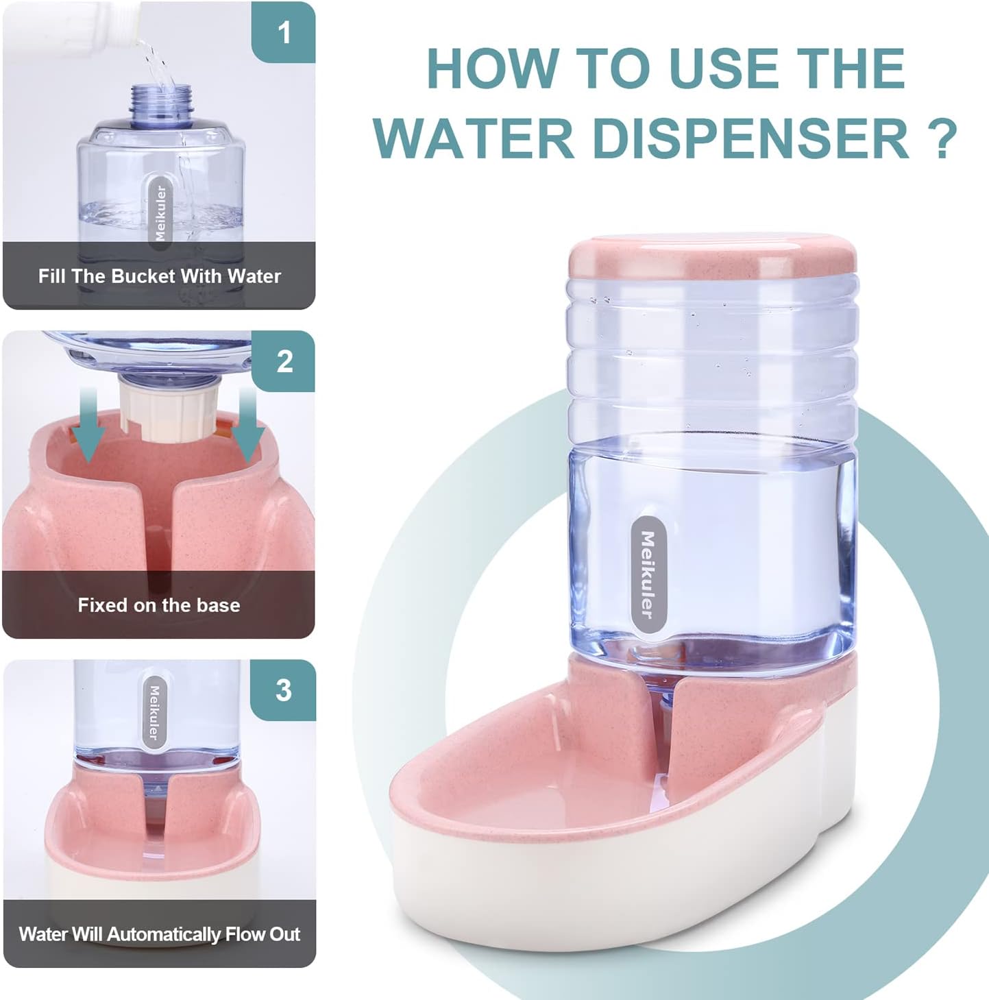 Meikuler Automatic Dog Cat Feeder and Water Dispenser Set,Waterer and Gravity Food Feeder for Small & Medium Dogs Cats Puppies,Large Capacity 1 Gallon x 2(Pink) - Image 5