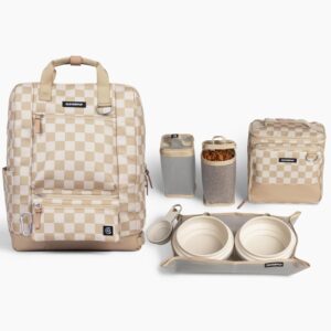 Ultimate Dog Travel Bundle Large 7-piece Bistro Box Dog Travel Kit & Porter Dog Gear Backpack in Checkerboard