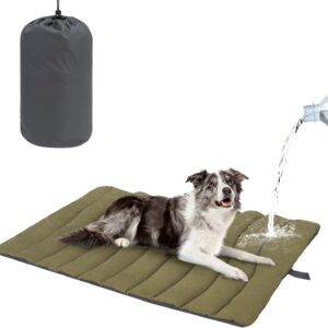 BEAUTYZOO Outdoor Dog Bed Waterproof, Camping Dog Bed Reversible, Portable Travel Bed with Carry Bag- Machine Washable, Durable, Foldable Outdoor Pet Bed Mat for Medium Large Dogs 26” x 43“ Green