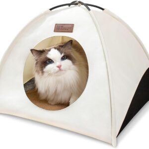 All-Season Cat Tent for Indoor/Outdoor, Assembly-Free Waterproof Cat House Bed with Removable Cushion, Cozy Cave for Cats & Small Dogs (Small, White)