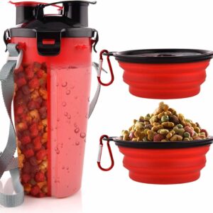 Dog Travel Water Bottle Collapsible Bowls, 2 in 1 Pet Food Container with Collapse Bowls, Outdoor Portable Water Bowls for Walking, Traveling, Camping and Hiking (Red)