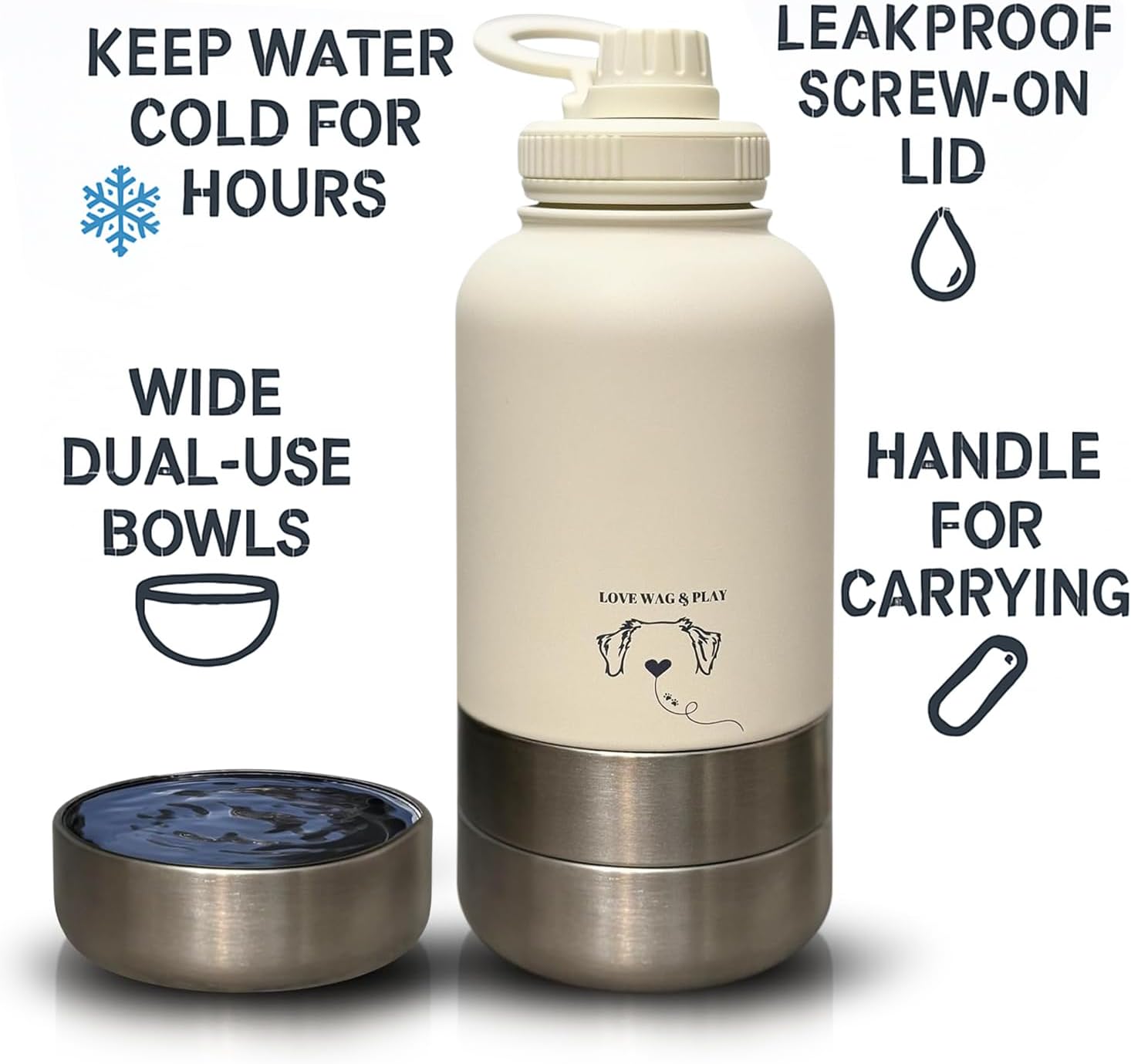 Love Wag & Play Dog Water Bottle Portable – 2 in 1 Stainless Steel Bowl for Food, Water – Leakproof Portable Water Bowl for Dog with Carry Loop – Detachable Design – Ideal for Kibble, Treats – Beige - Image 7