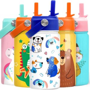 Dog Water Bottle – Kids Water Bottle with Straw Lid – 12 Oz Insulated Stainless Steel Water Bottles for Kid Boys – Travel Cup for School Sports