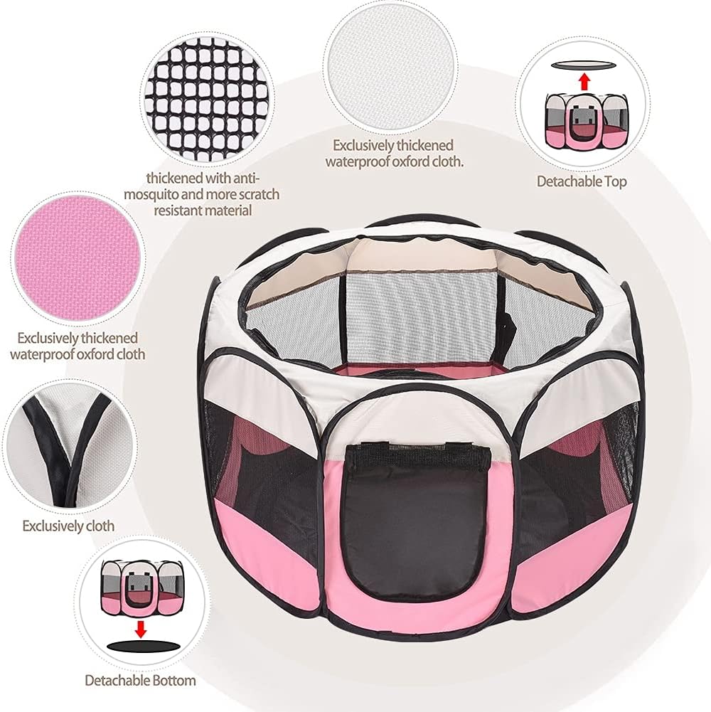 XianghuangTechnologyPet Portable Foldable Playpen, Dog/Cat/Puppy Exercise Pen Kennel, Removable Mesh Shade Cover (Pink) - Image 8