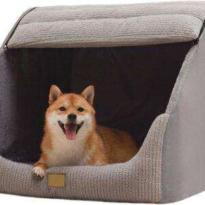 Large Dog House Indoor, Soft Plush Dogs Cave Bed Covered Pet Bed with Fluffy Washable Cushion, Portable Dog/Cat Pet Tent House for Small Medium Dogs (Grey, X-Large)