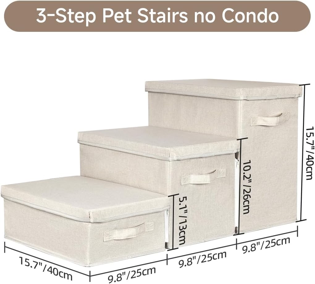Pet Stairs with Storage, Pet Step for Small Dogs and Cats, 3-Step Folding Pet Steps with Zip, Cat Stairs Dog Steps for Bed, Couch and Car Ramp (Beige, 3 Steps no Condo) - Image 2