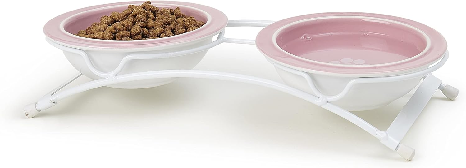 PetRageous 44355 Toftees Paws Diner with Two 1-Cup Dishwasher-Safe Stoneware Bowl Capacity 10.75-Inch Length 2.25-Inch Tall for Extra Small and Small Dogs and Cats, White and Pink - Image 7