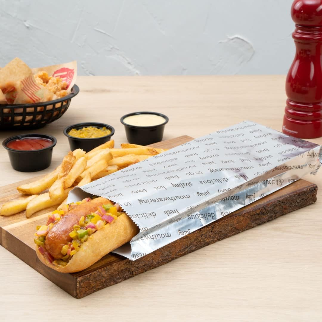 Restaurantware Bag Tek 3.7 x 1.2 x 12 Inch Hot Dog Bags 100 Large Hot Dog Wrappers - Greaseproof Freezer-Safe Printed Foil Hot Dog Cart Accessories Heat-Resistant Non-Vented - Image 8